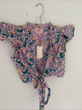 Banjanan NWT Pink Floral Tie-Front Ruffle Sleeve Top